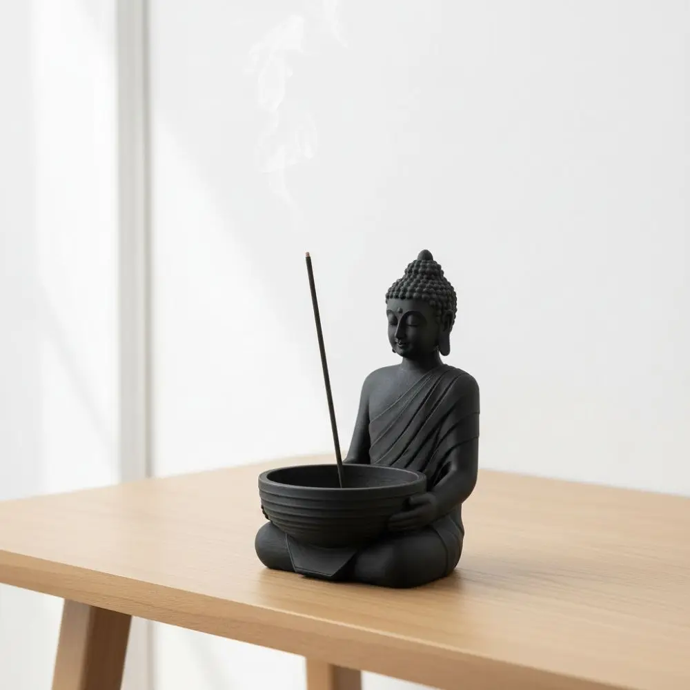 3D Printed Chinese Zen Incense Stick Holder with Ash-Catching Meditating Monk Tabletop Incense Stand Plastic Simulated