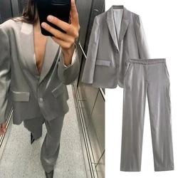 Jenny&Dave 2024 New Fashion Minimalism Suits Blogger Two Pieces Sets Women Silver Color Casual Blazers Women Suits Pants