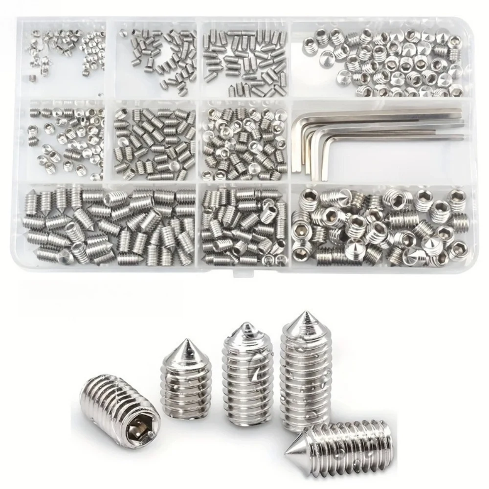 

400pcs 304 Stainless Steel Tip Setting Screws M3 M4 M5 M6 M8 Hexagon Socket Top Screw Pointed Head Machine Screw Sleeve Steel