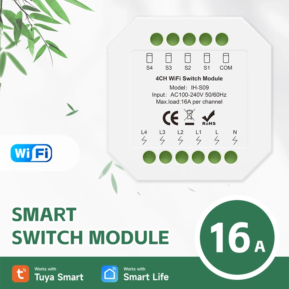 4CH 16A Wifi Smart Switch Module, Tuya Compatible, DIY Home Automation Light Control, AC100-240V