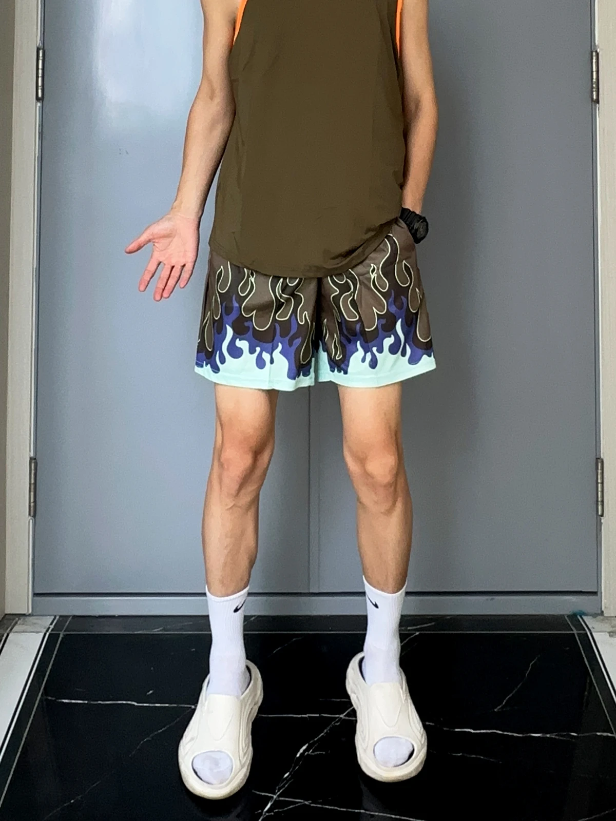 UNCLEBLUE Summer American Baskeall Sport orts Men's Flame Pattern Double Layer Large Me Breathable Straight Leg Casual ...