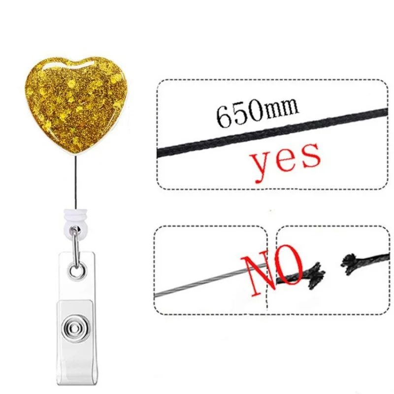 Glitter Love Heart Plastic ABS Retractable Rotating Alligator Clip Badge Clip Id Badge Holder Retractable Keychain Credencial