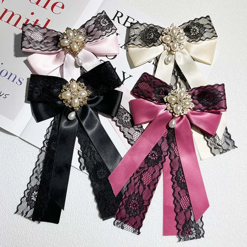 

New Korean Version Fashionable Women's Bow Brooch Satin Lace Pearl Rhinestone Neckline Wedding Brooch Jewelry Jewelry Gift