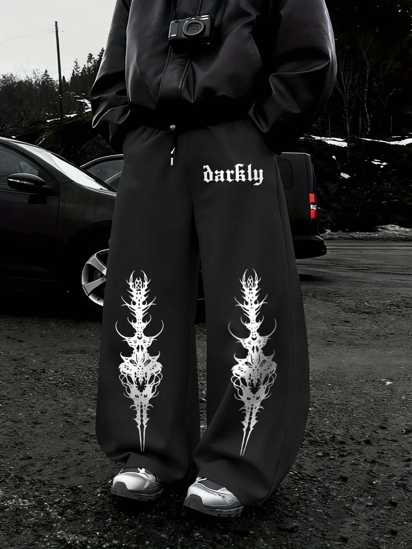 Men Gothic Vertical Graphic Wide Leg Sweatpants Drawstring Loose Straight Baggy Y2K Dark Punk Streetwear Pants.