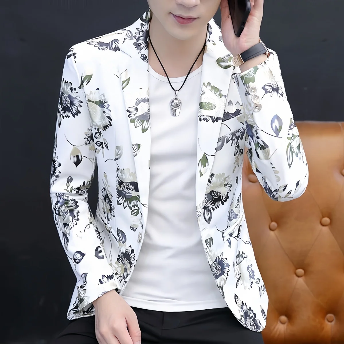 

White Printed Suit Jacket Men's, V-neck One Button Blazers, Youth Handsome Trend Slim Print Suit Jacket Autumn Men Suit Jacket