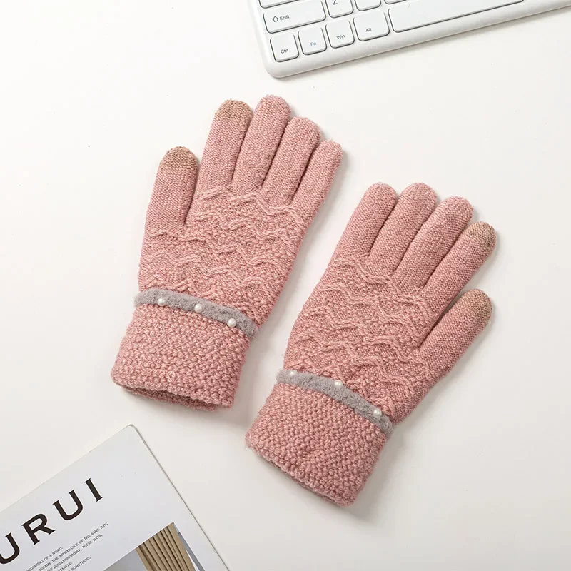 Guantes de punto gruesos y cálidos para mujer, manoplas de muñeca con dedos completos, decoración de perlas, pantalla táctil, invierno