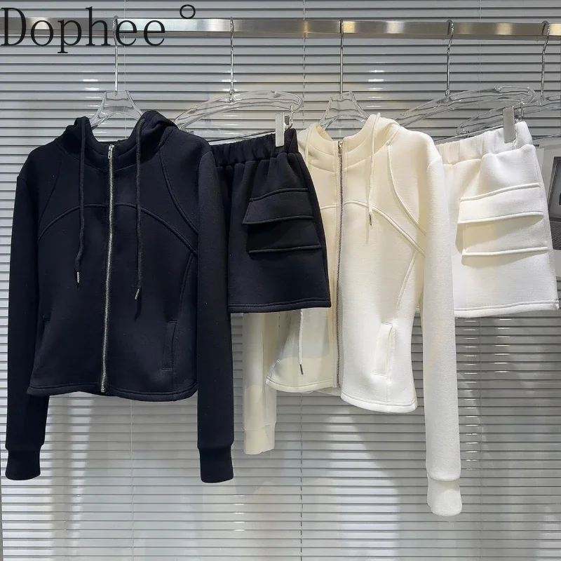 

2025 New Spring Women Space Cotton Hoodie Sets Elegant Long Sleeve Zip Sweater Top + Elastic Waist Pockets Short Skirt Suits