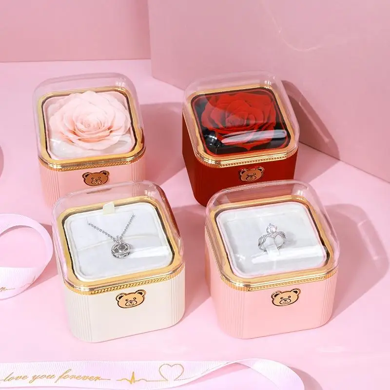 

Fashion Cute Flip Necklace Box Romantic Dustproof Rotating Rose Box Automatic Plastic Necklace Storage Case Birthday