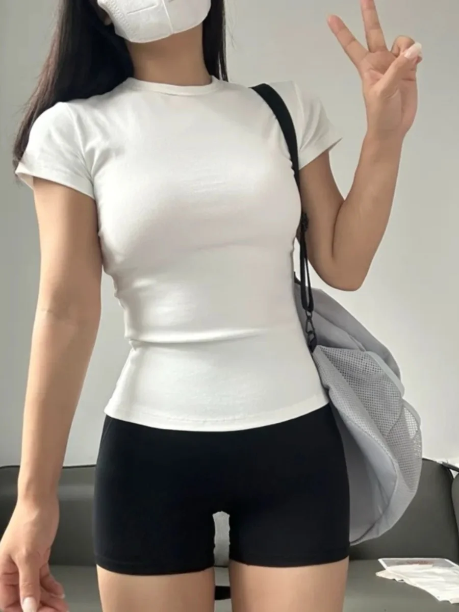 アメリカンスタイルラウンドネック半袖Tシャツ女性夏スパイシーブラックベーシックスリムフィット弾性シンプルスタイルトップ