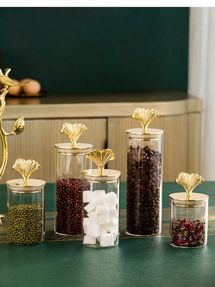 European-style light luxury brass ginkgo leaf glass sealed jar and lids kitchen moisture-proof coffee bean sugar storage