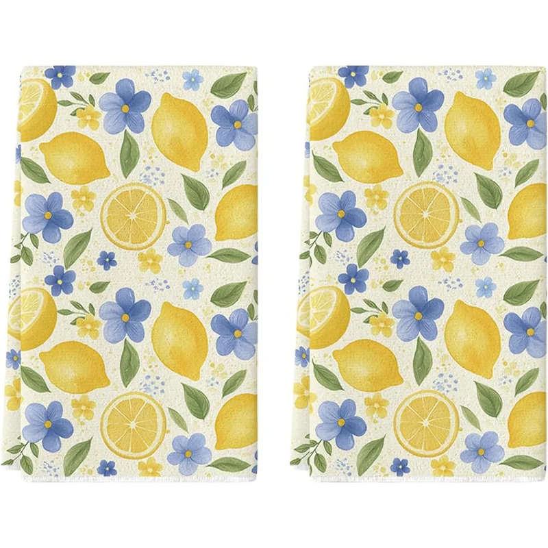 

2 шт., кухонные полотенца с синими цветами и лимонами, набор полотенец 40x60 см, лучшие кухонные полотенца, забавные кухонные полотенца, супервпитывающие мягкие салфетки для уборки, полотенца для готовки и выпечки, полотенца для рук, салфетки для уборки, 