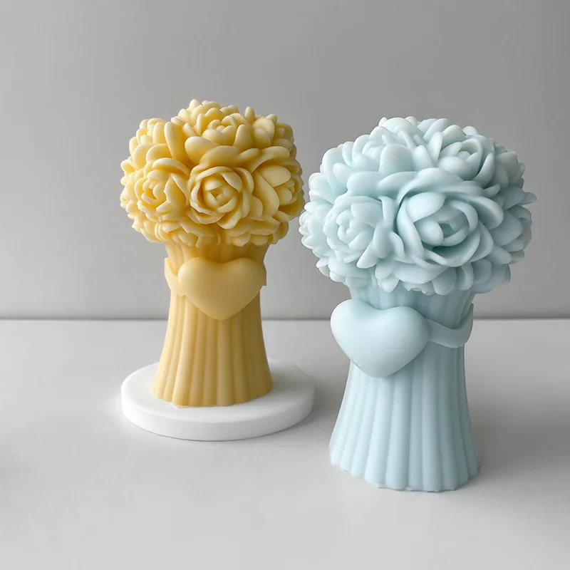 3D Love Heart with Bow Bouquet Rose Candle Silicone Mold DIY Flower Soap Plaster Epoxy Making Handmade Chocolate Baking Tools