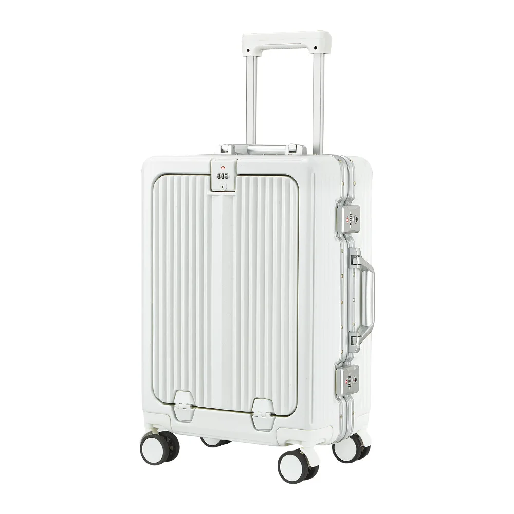 Front Opening Pocket Suitcase with Aluminum Alloy Frame Lock Trolley Bags Travel Rolling Luggage USB Charging Plug Spinner Wheel