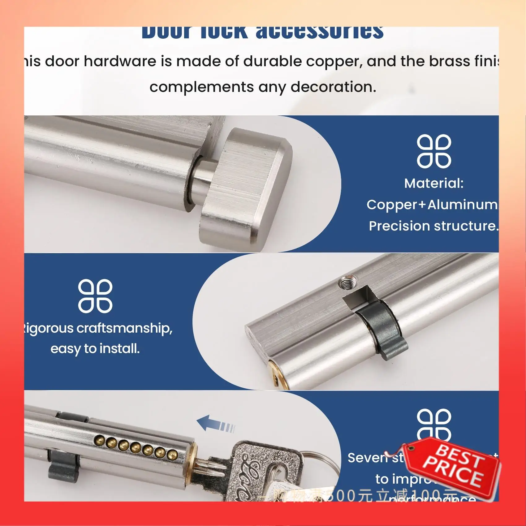 

ABNR Door Hardware 80Mm Security Copper Door Lock Cylinder Interior Bedroom Living Lock Handle Brass Key Locking