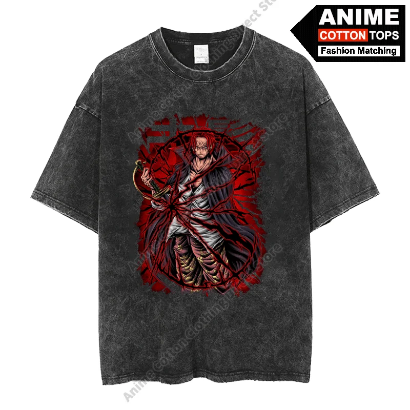 Japanese Anime Pirate King Peripheral Clothing Shanks Red-hair Print T Shirt Cotton Washed Vintage Unisex Oversized Loose Tees