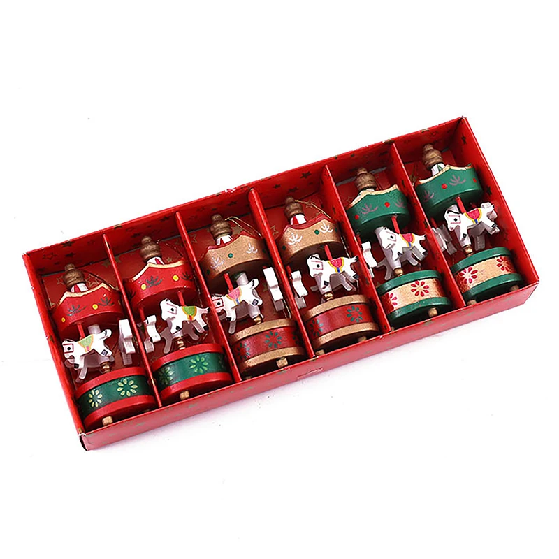 6pcs Christmas Decoration Mini Carousel Horse Pendant Ornaments Pendant Wooden Xmas Children Favor Toy Festival New Year Gifts