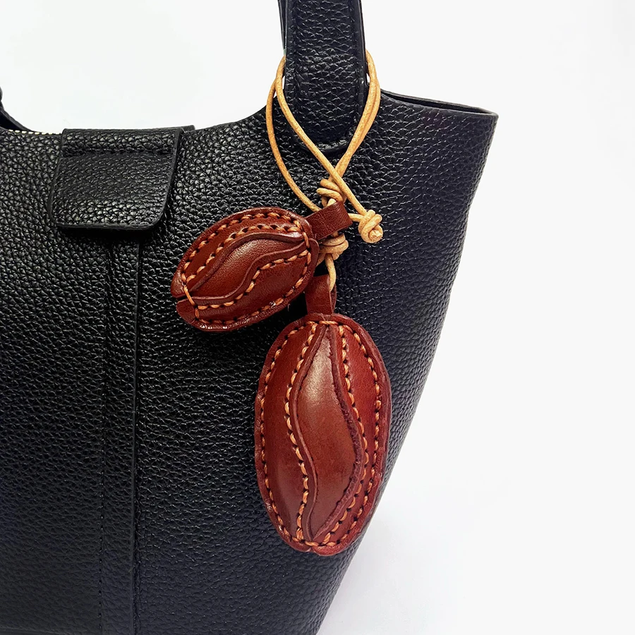 Cowhide Leather Coffee Bean Bag Charm Keychains Suitable For Any Handmade Bag Pendant Simple And Cute Gift