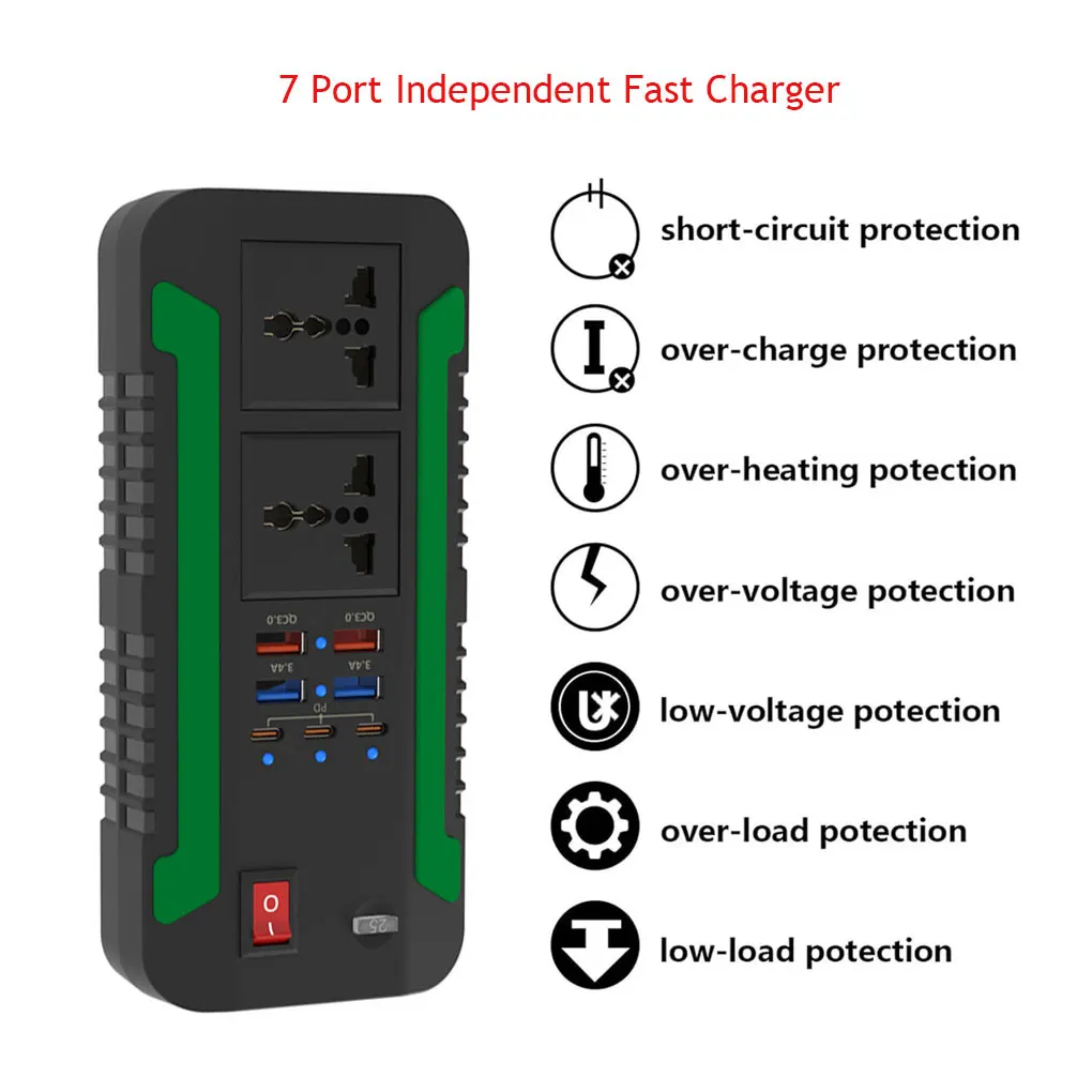 

Car Inverter 300W Inverter Converter Power with 7Port Type-C USB QC3.0 Fast Charging DC12V/24V To AC220V