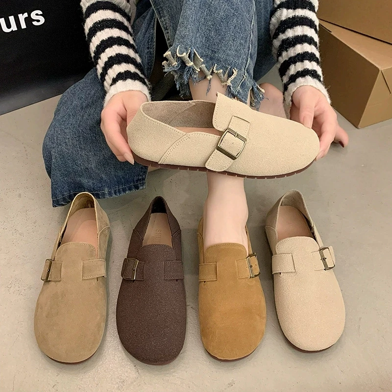 

Retro Bean Shoes Women's New Simple Fashion Cowhide Soft Bottom Round Head Flat Casual Shoes with One Step Stepping