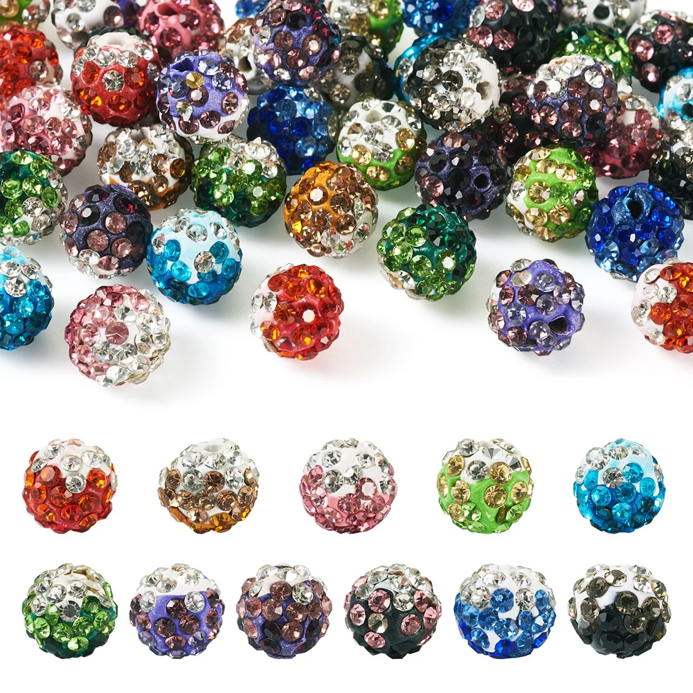 44Pcs/Set 9-10mm Round Handmade Pave Disco Ball Beads Polymer Clay Rhinestone Beads for Bracelet Necklace Jewelry Making DIY