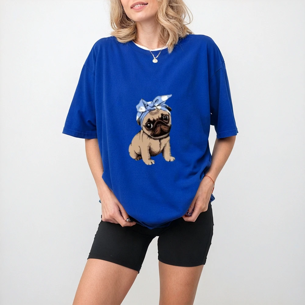 

Women's Cotton Tee Pug Dog with Bandana Graphic Cute Vibe Oversized Fit Y2K Cute FlairSoft FabricY2K Trend