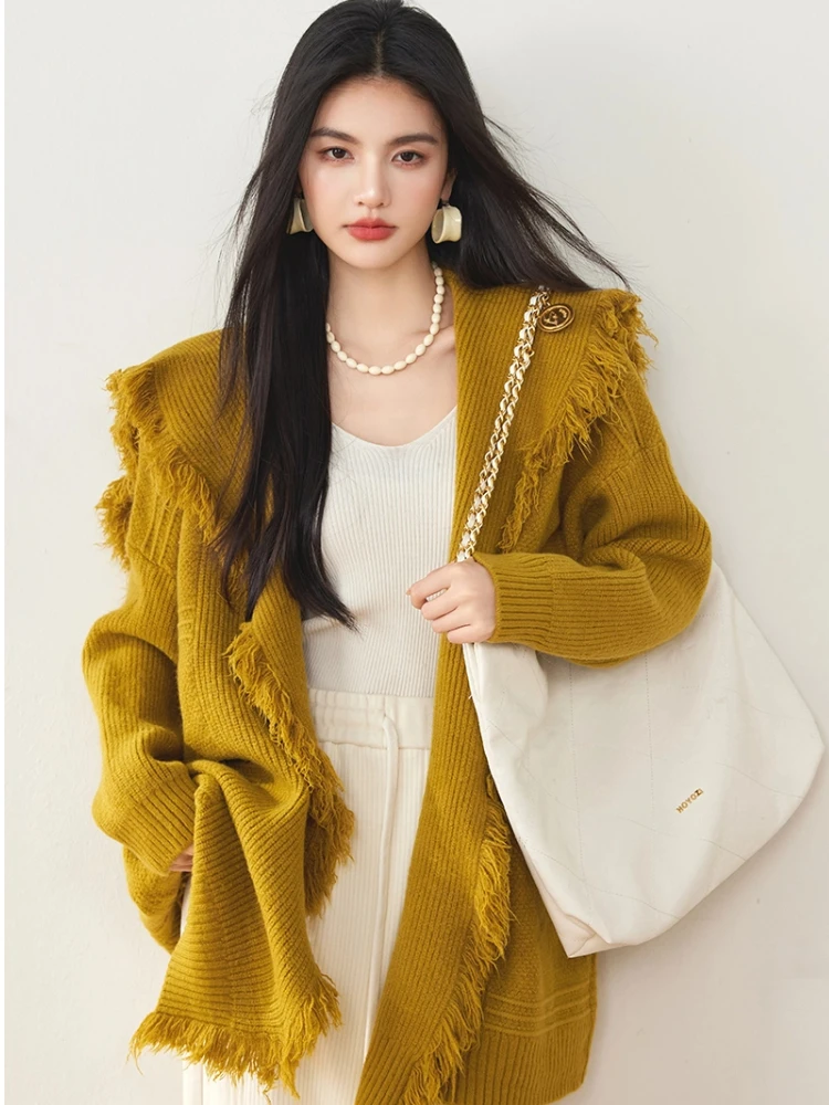 

Spring Autumn Oversize Knitted Cardigan Sweater for Women Turn-Down Collar Long Sleeve Tassel Knitting Sweaters Long Cardigans
