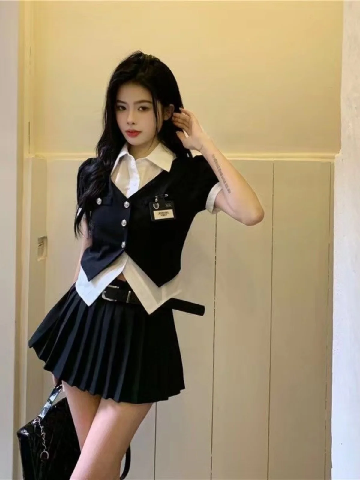 

Sweet Cool Spicy Summer American College Sle Set High Waist Plaid Skirt Contrast Color Splicing Fake Two-Piece Top Set