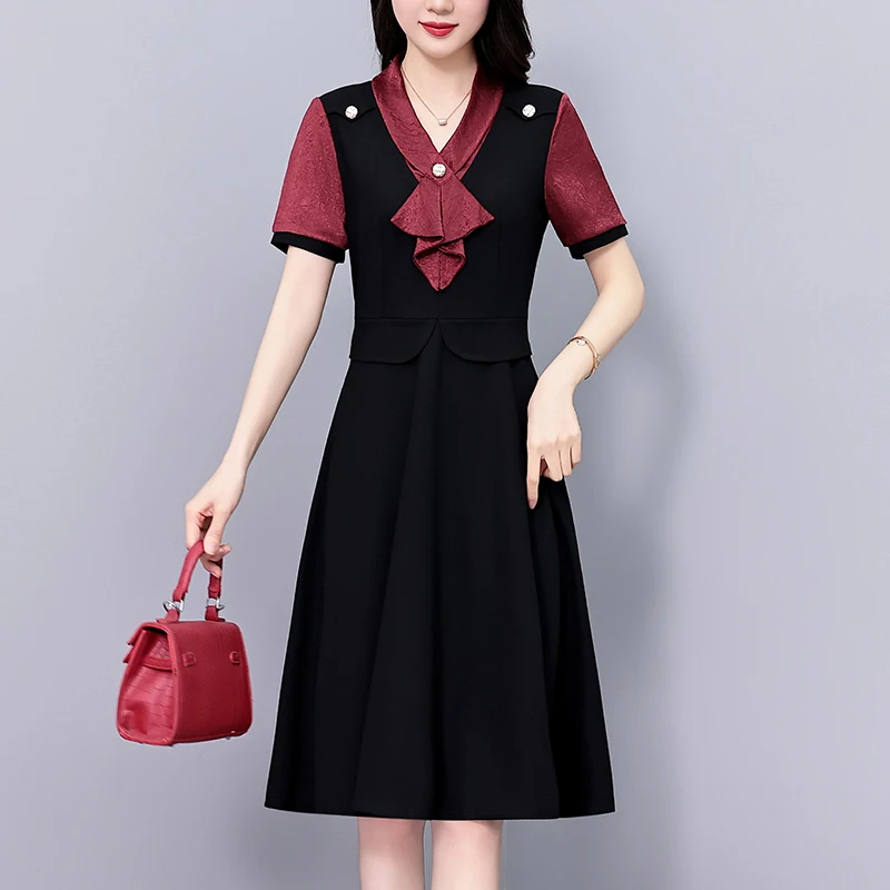 

Элегантное женское платье миди с цветовыми блоками, лето 2026, новинка, большие размеры, А-силуэт, хлопок/полиэстер, короткий рукав, V-образный вырез