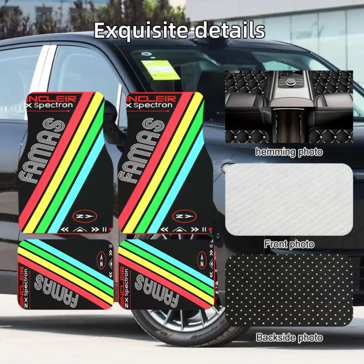 Universal 4Pcs Car Floor Mats Rainbow Stripe FAMAS Racing Print Anti-slip Waterproof Auto Foot Mats SUV Interior Decor Carpet