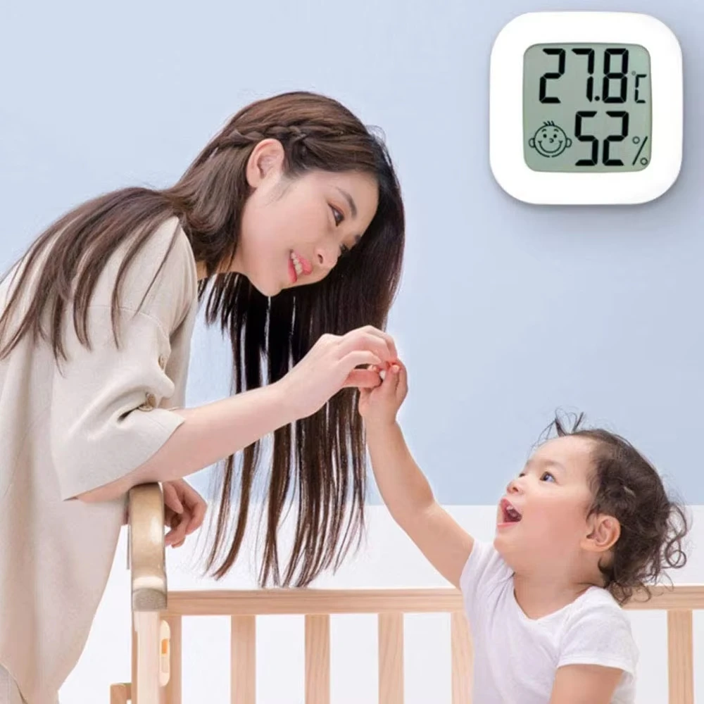 Mini Electronic Thermometer with Smiley Design, Digital Display Indoor Temperature and Humidity Monitor for Home Use