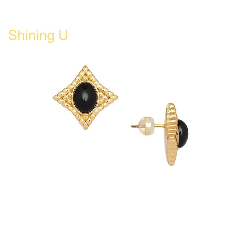 Shining U Gold Color Black Agate Rhombus Stud Earrings for Women Fashion Jewelry Summer