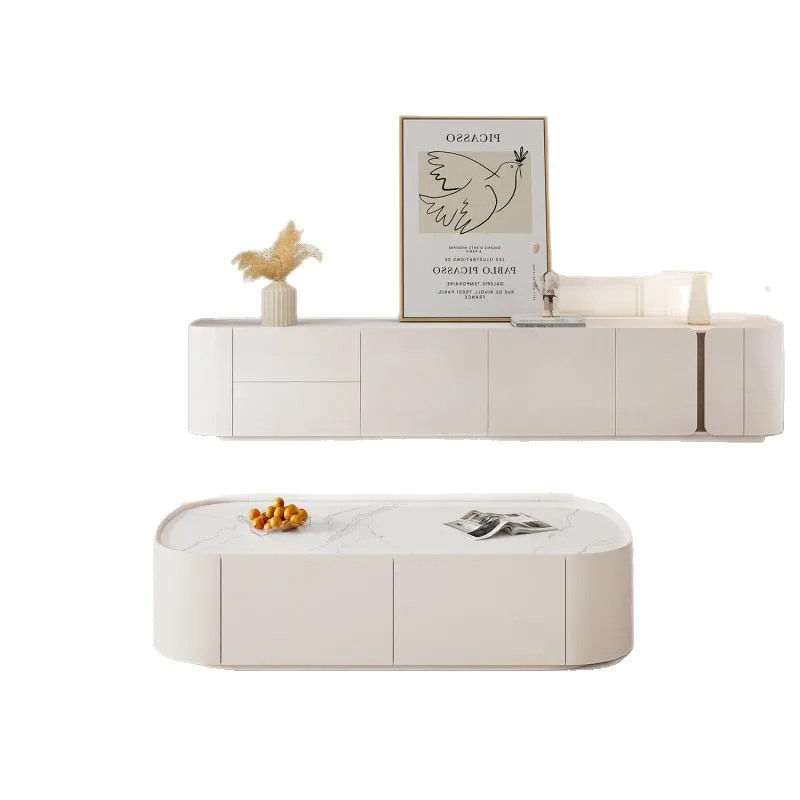 

Solid wood floor TV cabinet coffee table combination modern simple small apartment living room cream wind