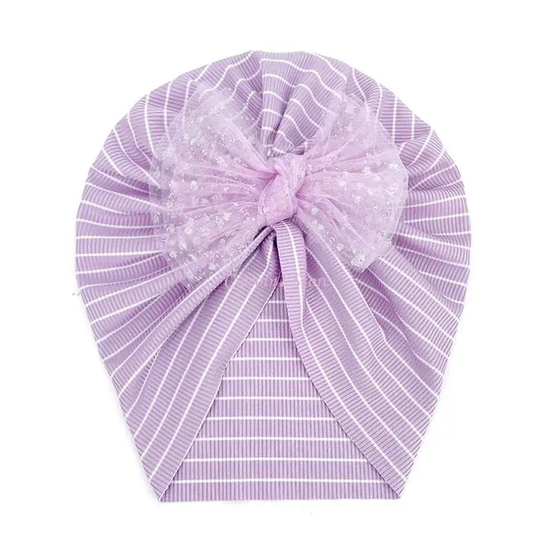 

Y1UB Infant Baby Striped Turban Hat with Mesh Sequin Bowknot Ribbed Bonnet Beanie Cap