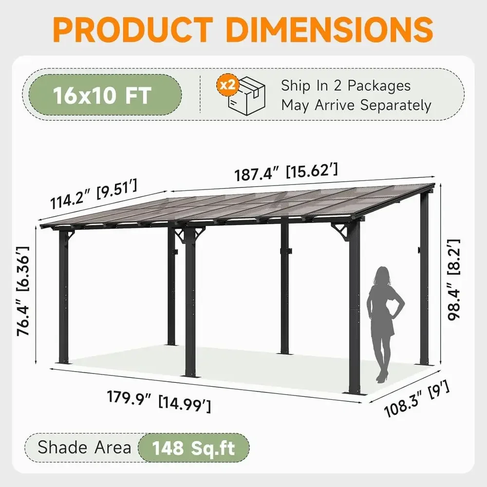 10x16T Lean to Gazebo, Hardtop Metal Pergola with Polyte Roo, Large Wall Mounted Heavy Duty Awnings, Patio or Backyard, Deck, Po view 2