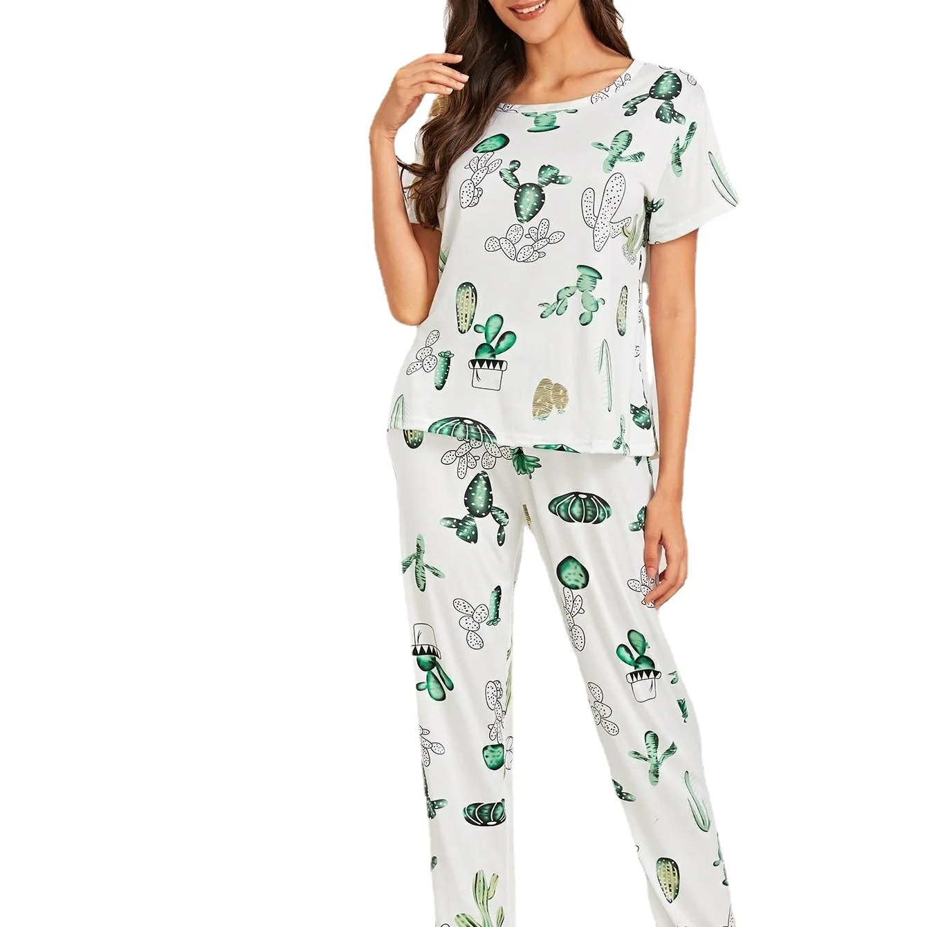 Conjunto de Pijama con estampado de 2 piezas para Mujer, ropa de dormir suave, pantalones largos de manga corta, ropa de casa para primavera y verano