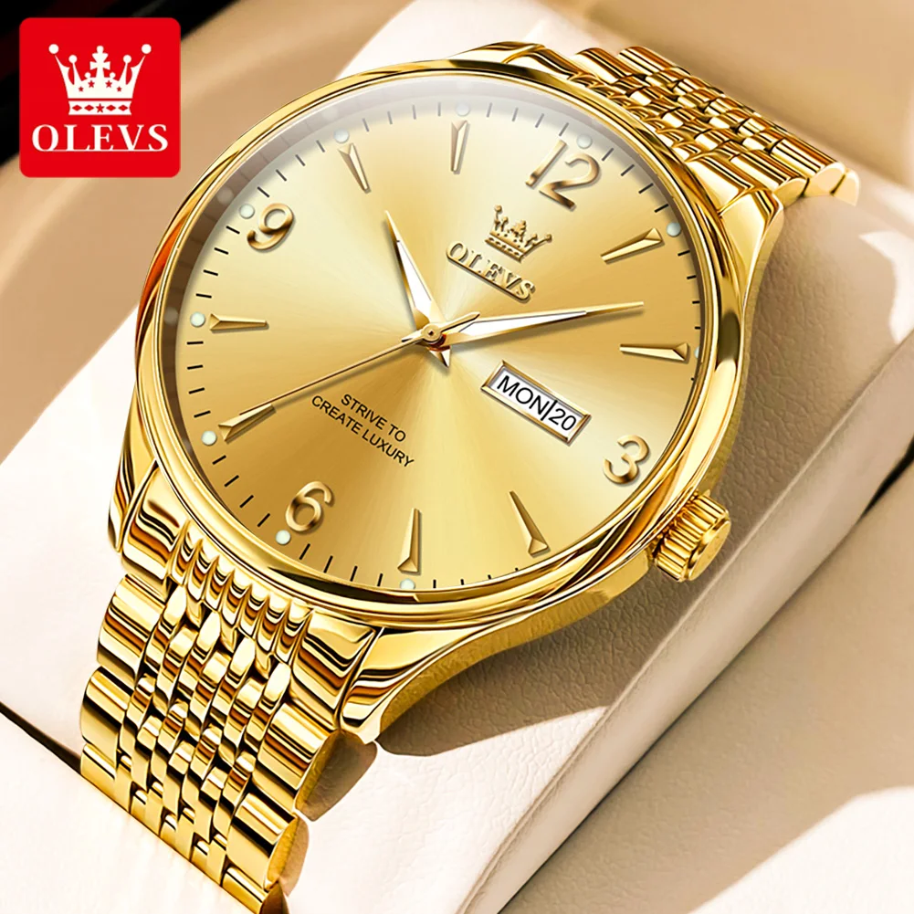 

OLEVS Brand Luxury Gold Quartz Watch for Men Stainless Steel Waterproof Luminous Week Date Fashion Mens Watches Reloj Hombre