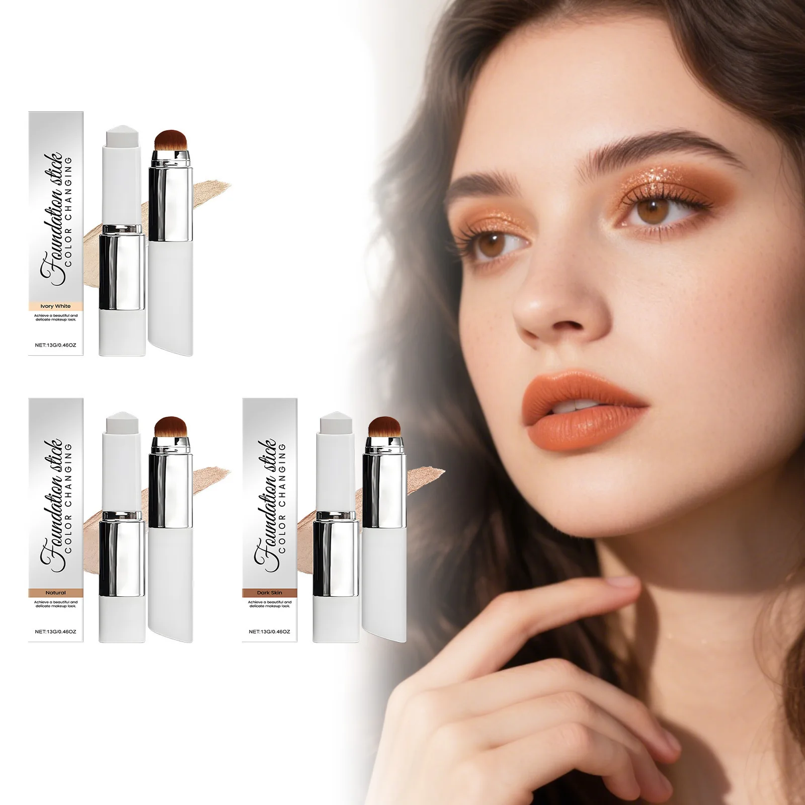 

Two-In-One Color-Changing Foundation Stick With Brush Lightweight Moisturizing Brightening Long-Lasting Makeup Concealer Cosmeti