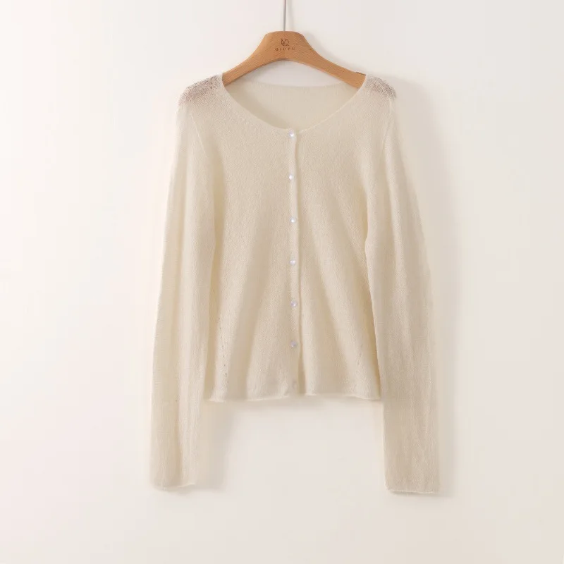 Lässiger Damen-Pullover für den frühen Herbst, neu, 25 % natürliche Maulbeerseide, 75 % Kaschmir-Mischgewebe, gestrickt, einfarbig, hautfreundlich