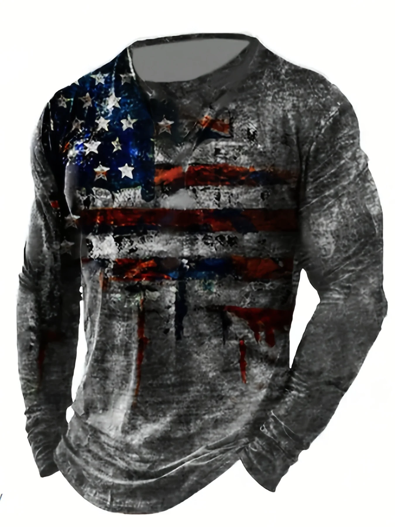 A men's long sleeved round neck T-shirt with the patriotic American flag printed on it, a casual knitted polyester top with slig