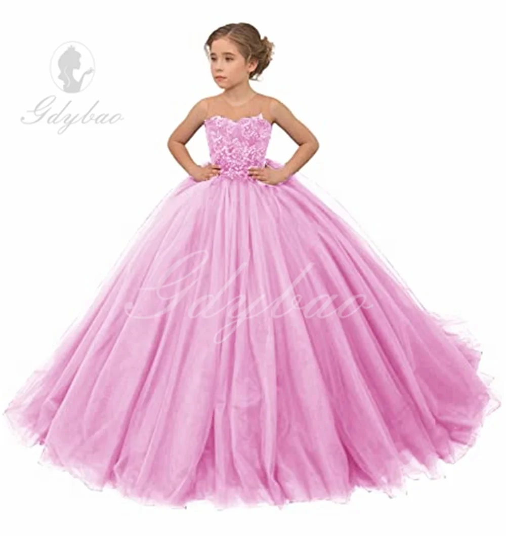 Kigretn Girl's Tulle Flower Girl Dress for Wedding Lace Applique Pageant Dresses Princess Party Ball Gowns