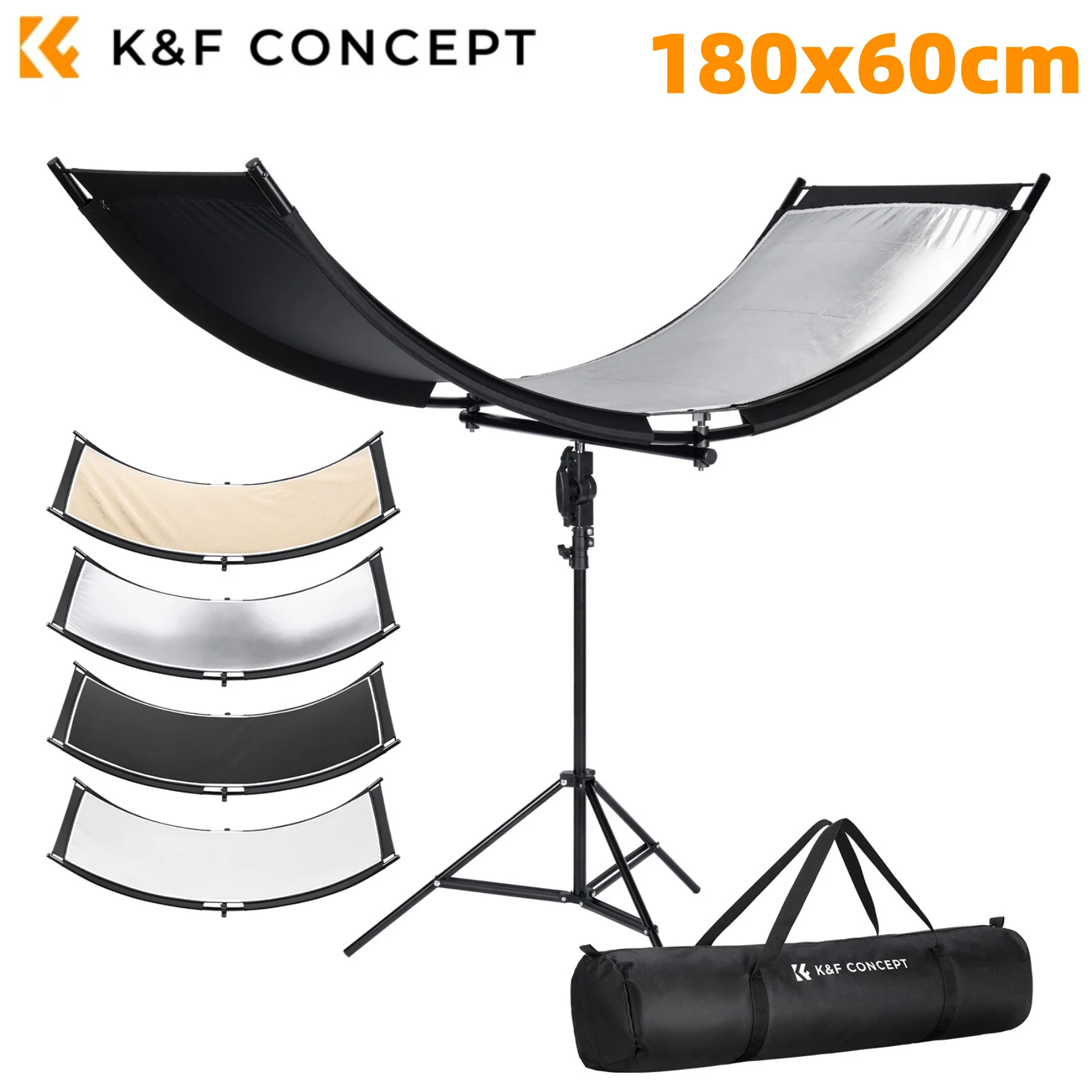 K&F CONCEPT 180x60cm/100x45cm U-vormige gebogen reflector met 4-in-1 reflecterende stof 1,9m/1,5m lichtstatief fotografie studio