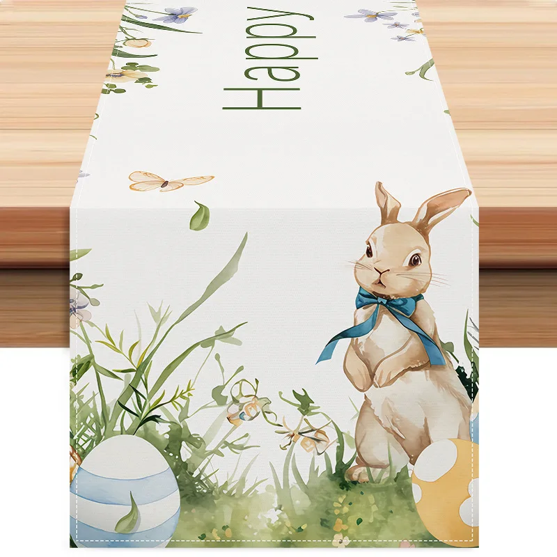 Easter Table Runner, Rabbit Egg Print Rectangle Seasonal Holiday Party Dining Table Runner Home Decor