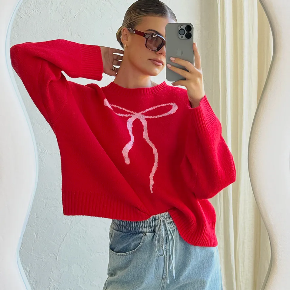 

hirigin Autumn Winter Bow Tie Jacquard O-Neck Sweater Women 2025 Korean Style Long Sleeve Warm Fashion Pullovers Soft Jumpers