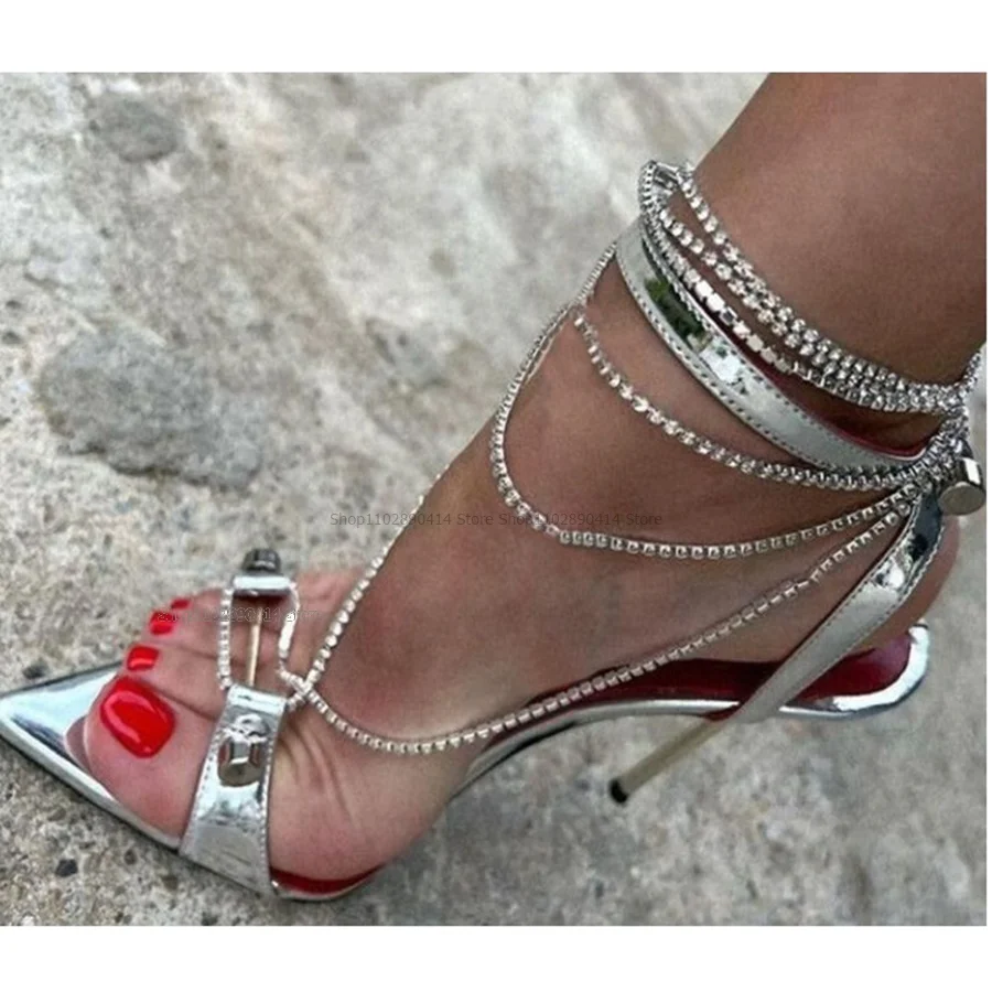 Estiletes metálicos para mulheres, sapatos de dedo aberto, salto alto, decoração de corrente de cristal, elegante, novela, moda ladylike