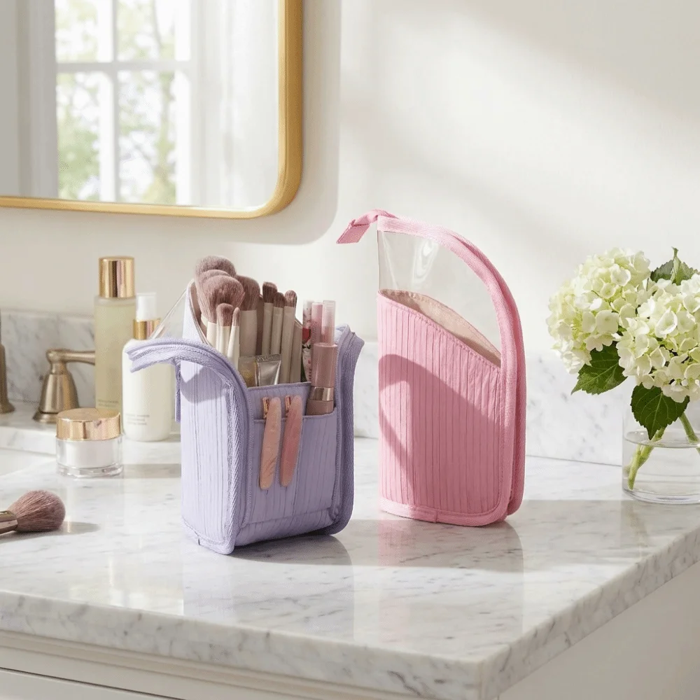 Large Capacity Vertical Cosmetic Bag Waterproof Visible Makeup Brush Case Portable Standing Travel Storage Pouch Wash Storage