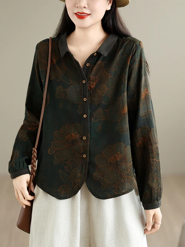 Retro Artistic Cotton Print Long Sleeve Women's Shirt Slimming Casual Outerwear Autumn Fashion Small Stature Slimming Shirt