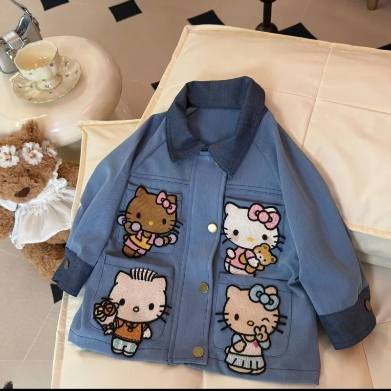 Sanrio Hello Kitty 2025 New Loose Jacket Top Foreign Style Girl Spring and Autumn Contrasting Color Denim Blue Coat Holiday Gift