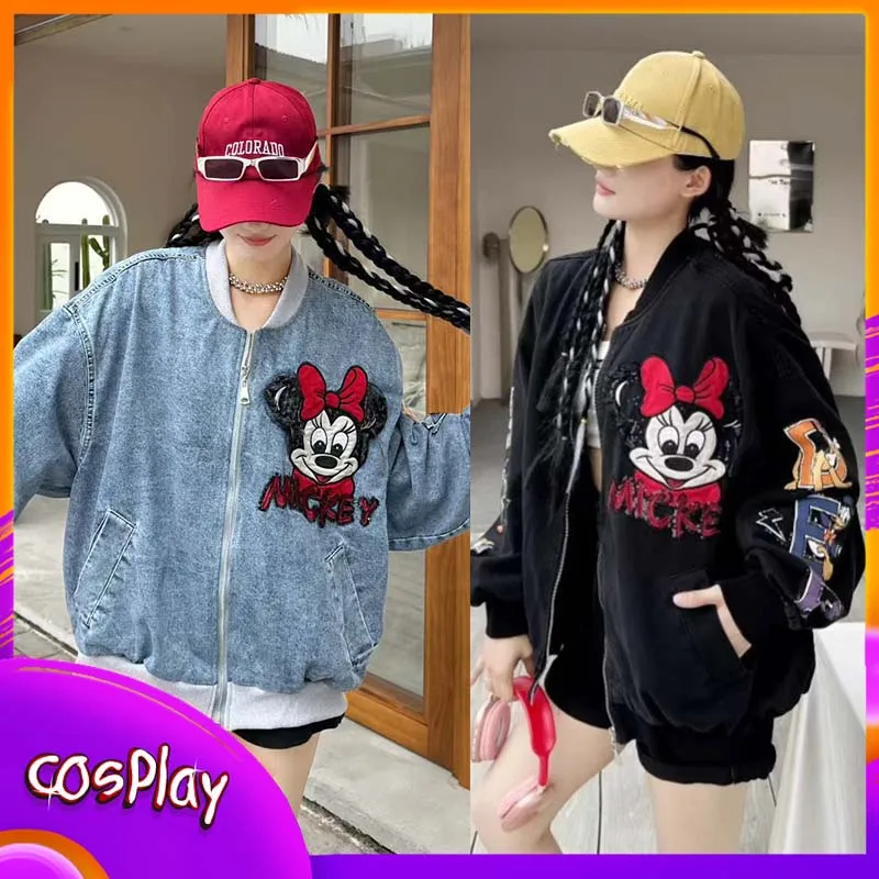 

Джинсовая куртка с Микки и Минни, милое пальто с героями мультфильмов Диснея, повседневная модная бейсбольная майка, женский модный топ, свободная одежда для молодых девушек