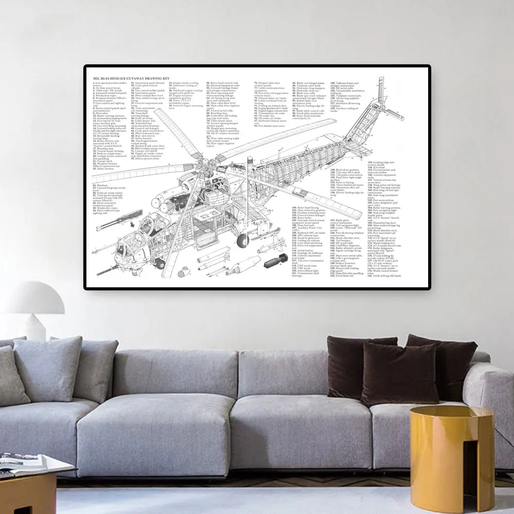 

Black White Mi-24 Military Helicopter Cutaway Drawing Key Poster Prints Wall Art Canvas Painting for Living Room Home Decoration