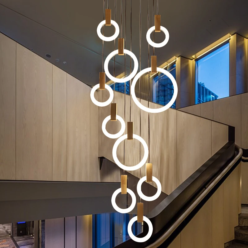 LED Ring Wooden Chandelier Restaurant Living room Stairwell Staircase Chandelier Indoor home Long Chandelier Pendant Lamp